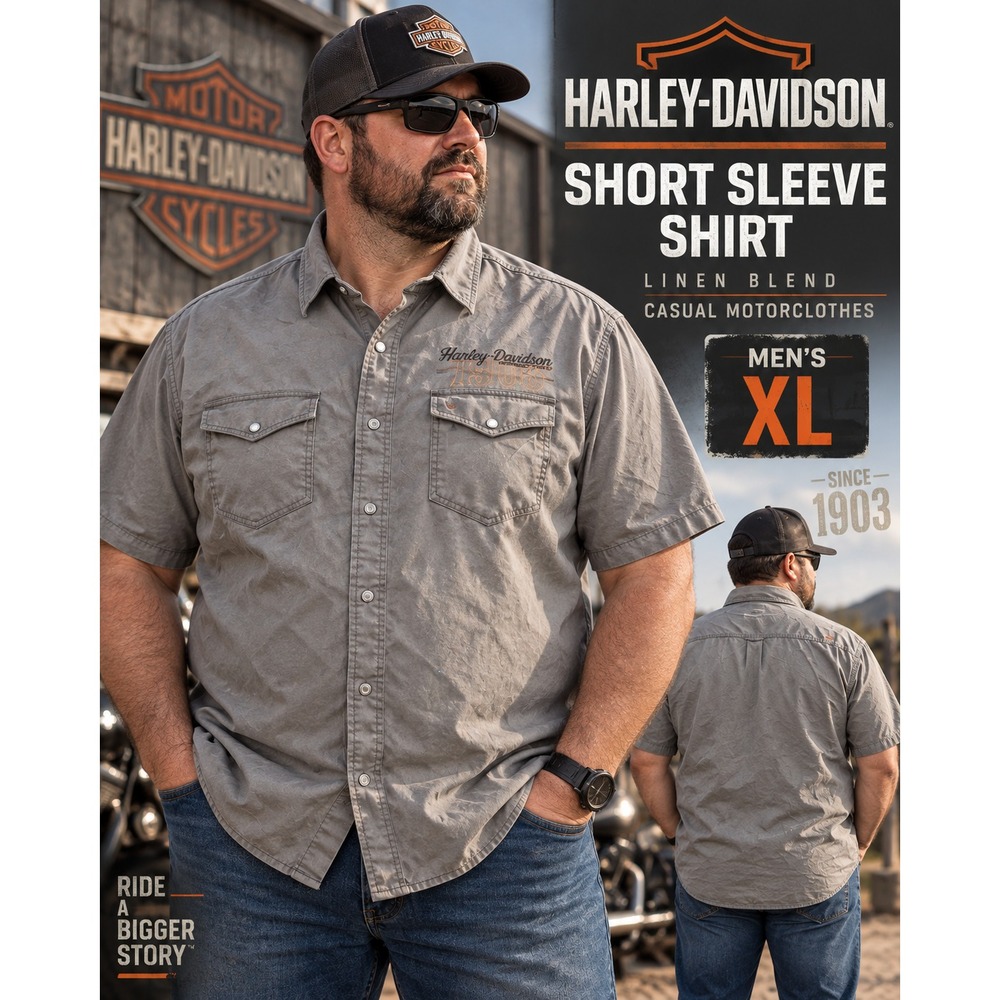 Harley-Davidson Men XL Gray 1903 Linen Cotton Short Sleeve Biker Button Up Shirt